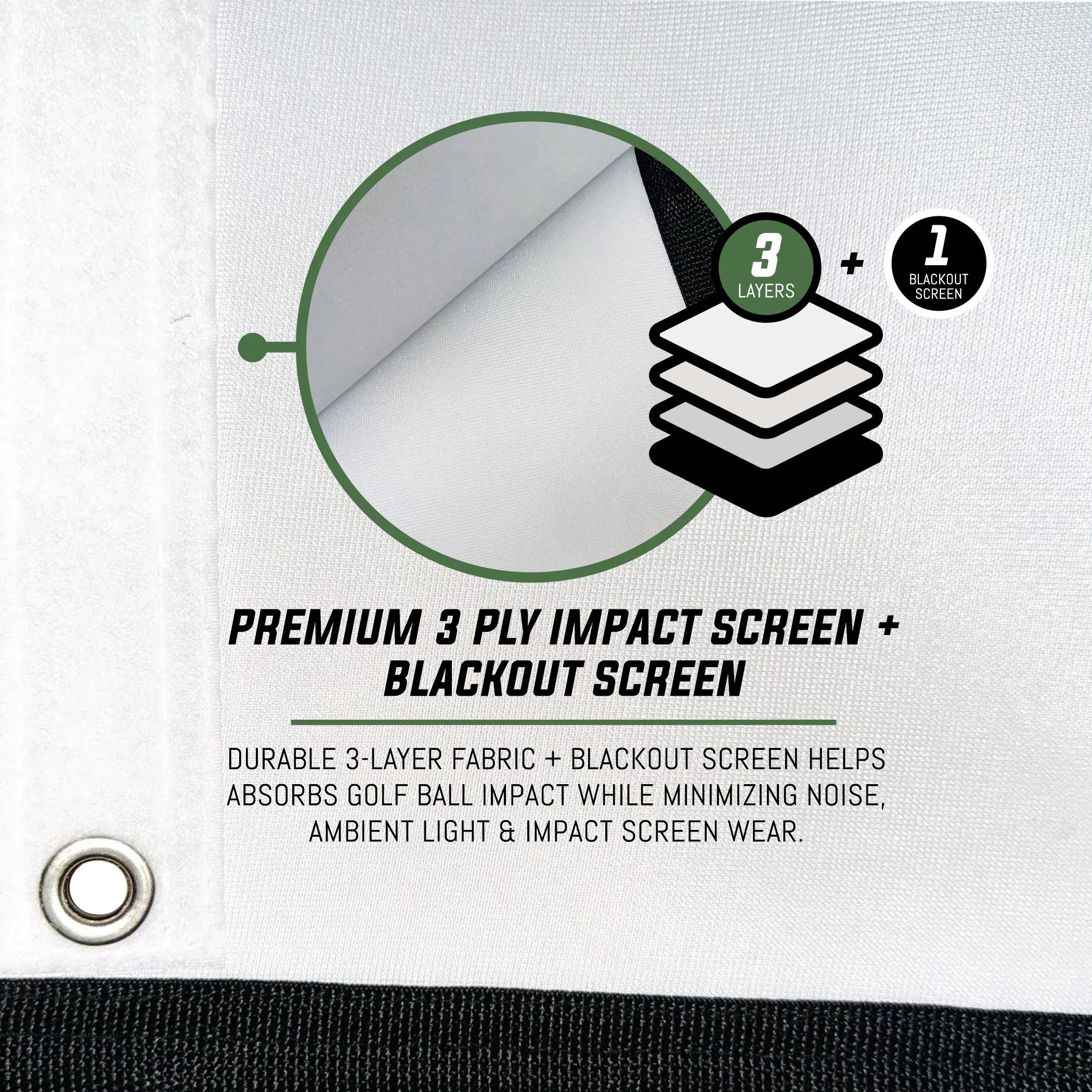 Screen with premium 3-ply impact screen and blackout screen features on a white background. SportScreen Vanish Lite Retractable enclosure.
