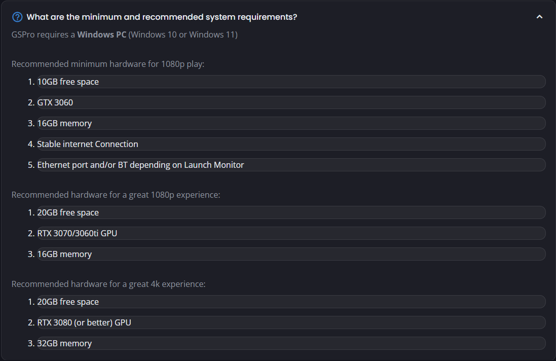 GSPro PC requirements