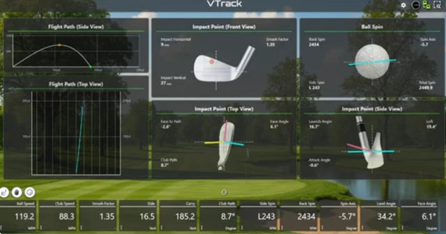 VTrack Golf simulator software interface with various views of a golf club and ball impact