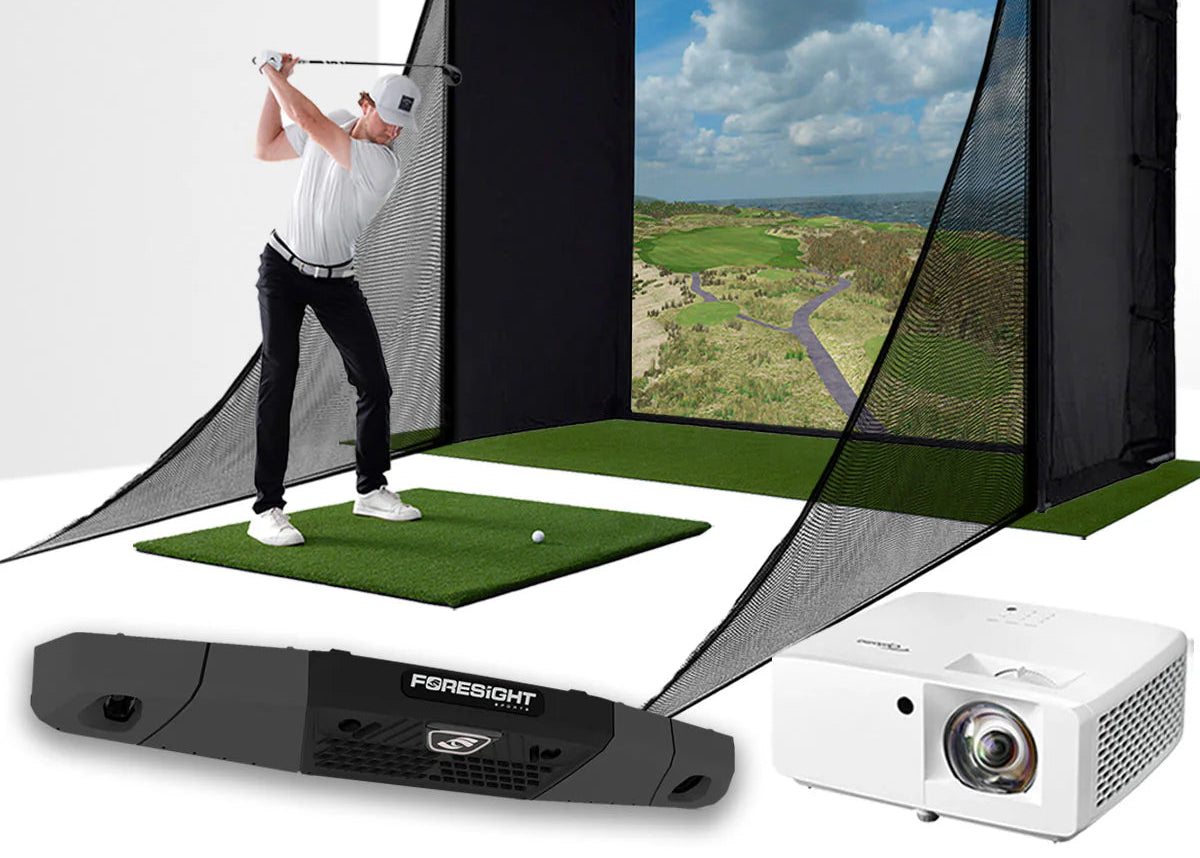 Golf practice net with screen, golf swing monitor, and short-throw golf projector - Sim Nation Golf