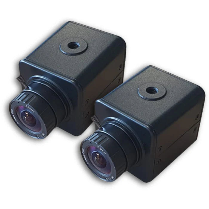 Two black surveillance cameras on a white background Protee